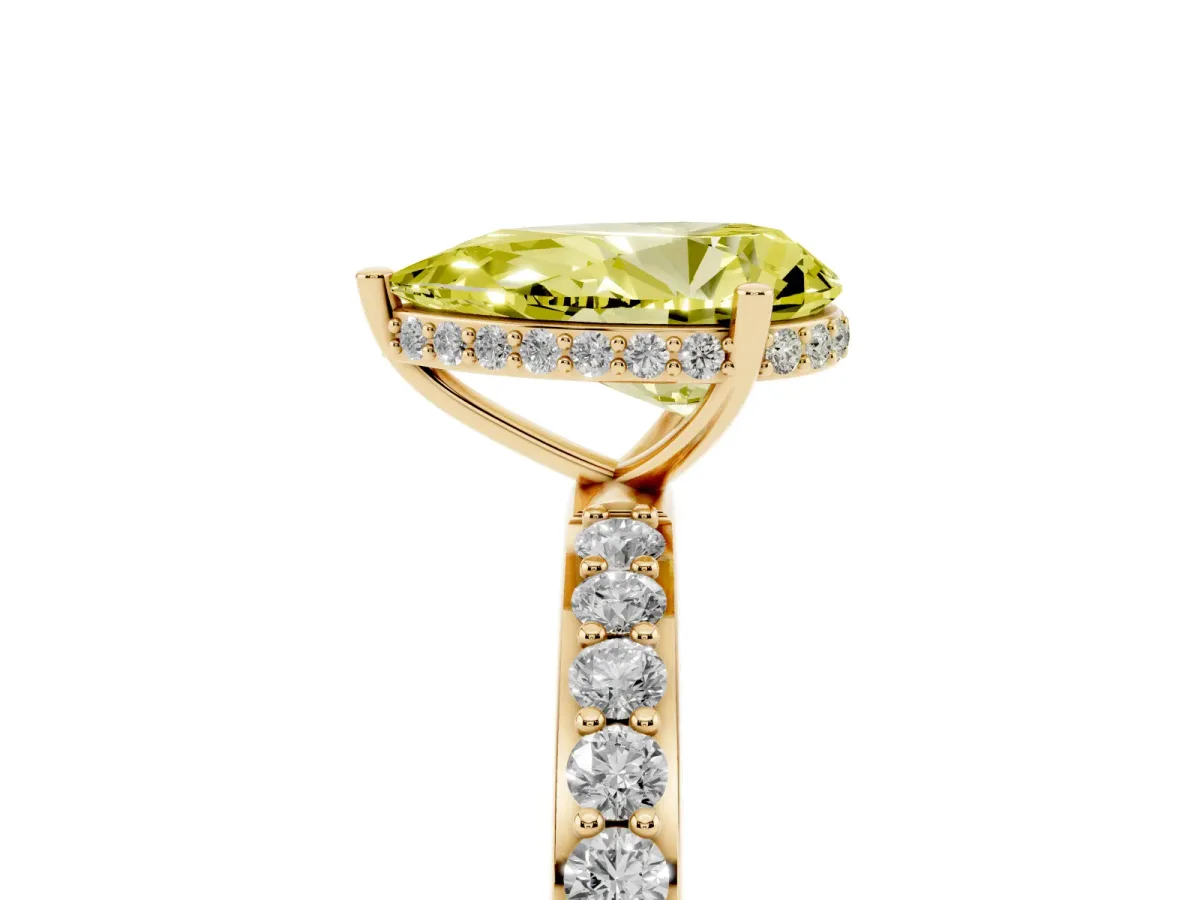 Fancy Yellow Pear Cut Diamond Solitaire Ring with Pavé Band and Hidden Halo Yellow gold