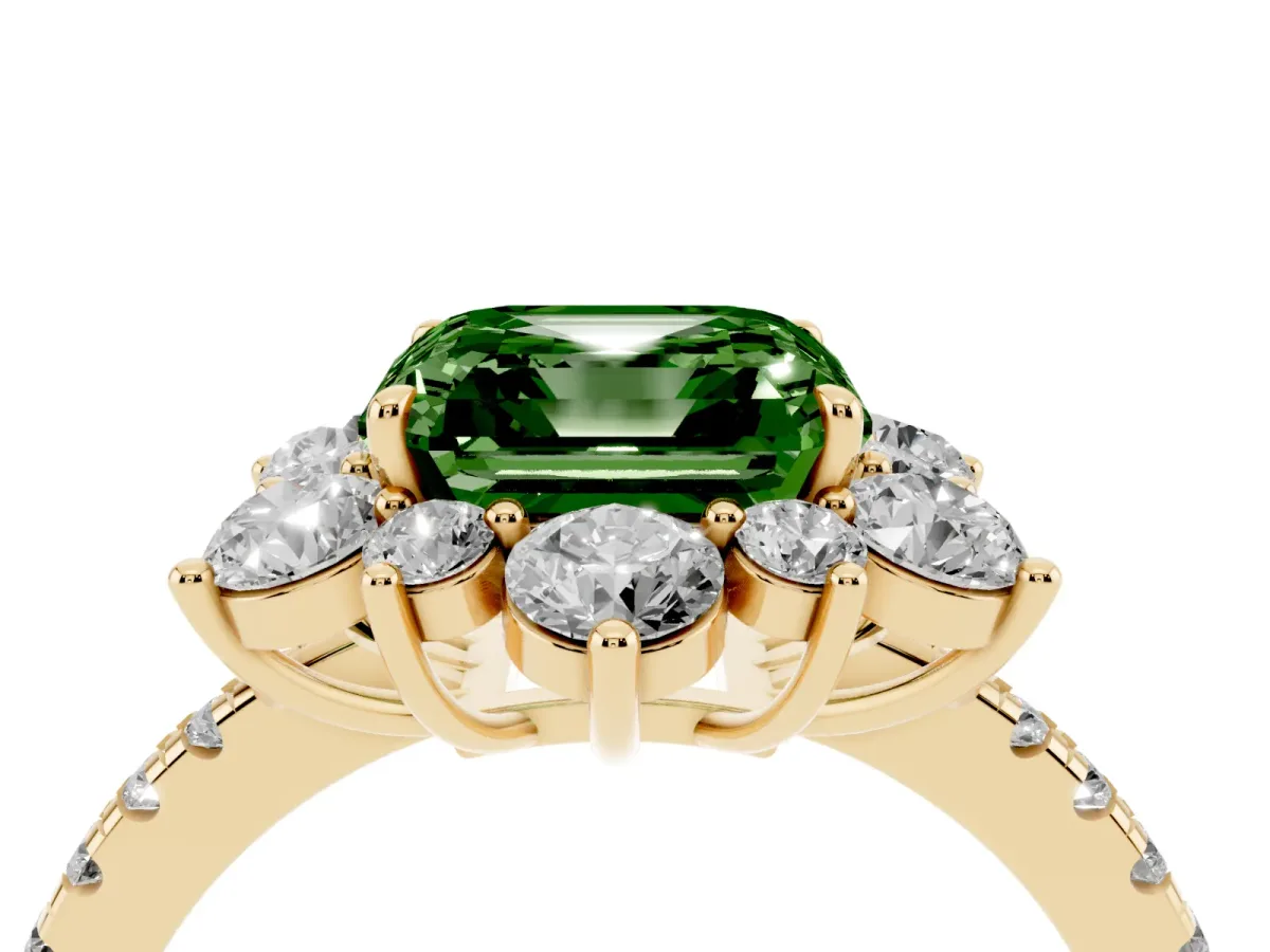 Fancy Green Asscher Cut Diamond Floral Halo Ring with Round Pavé Band and Prong Setting Yellow gold