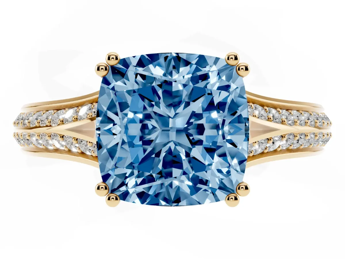 Fancy Blue Cushion Cut Diamond Split Shank Engagement Ring with Pavé Band Yellow gold