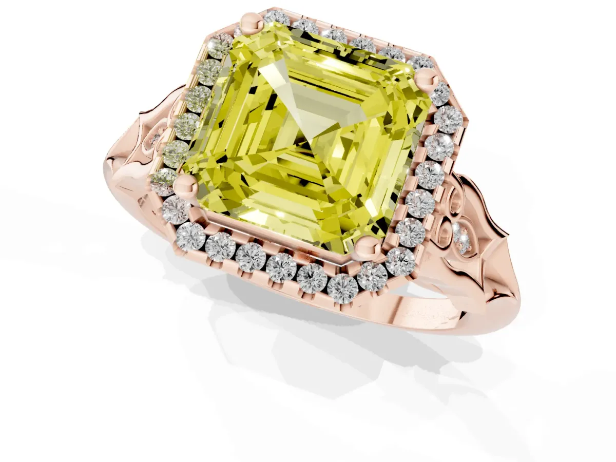 Fancy Yellow Asscher Cut Halo Diamond Engagement Ring with Filigree Band and Four-Prong Setting Rose gold