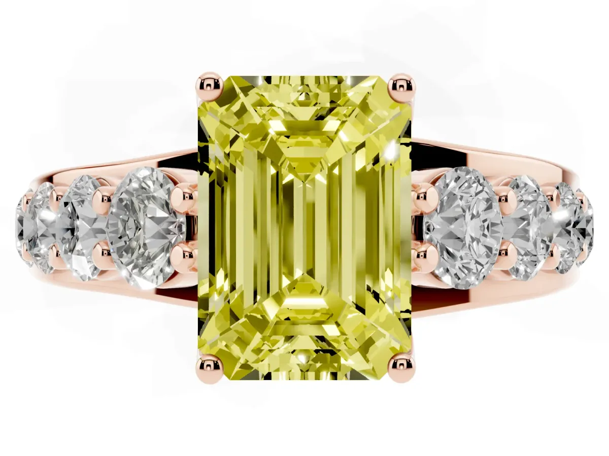 Fancy Yellow Emerald Cut Diamond Engagement Ring with Pavé Band and Four-Prong Setting Rose gold