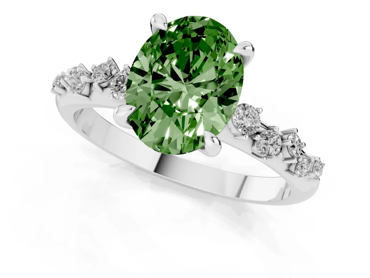 Fancy Green Oval Cut Cut Diamond Vine Band with Four-Prong Setting Platinum
