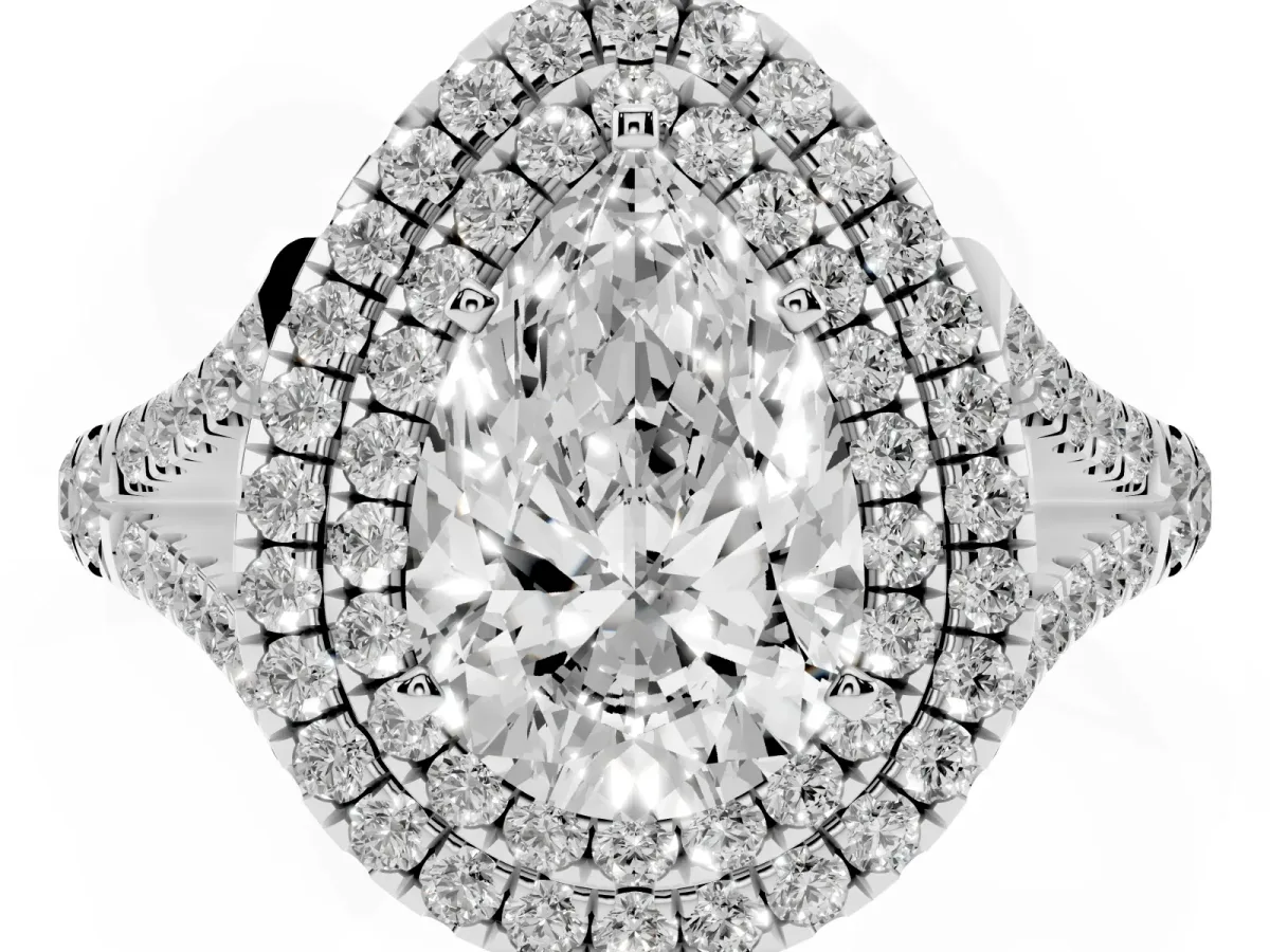 Pear Cut Cut Double Halo Split Shank Diamond Ring with Prong Setting Silver