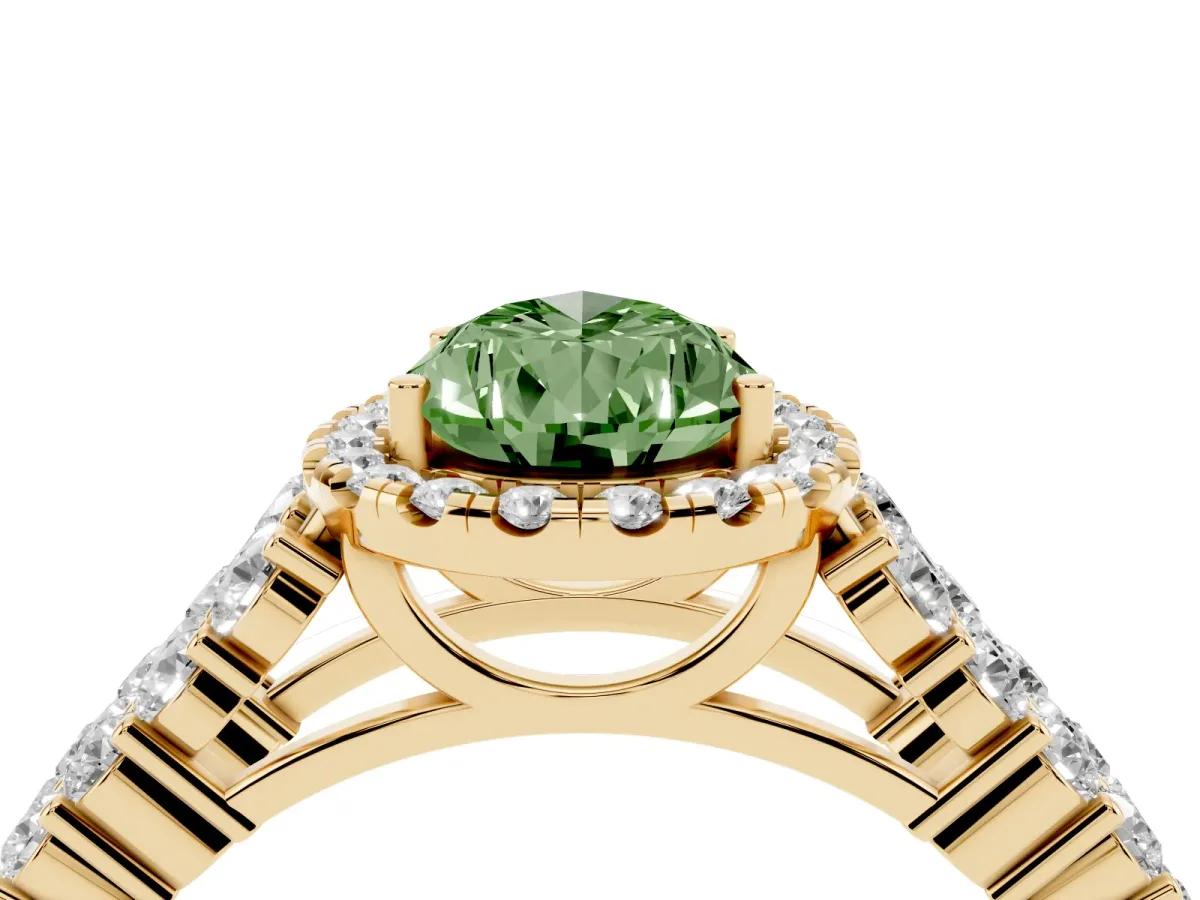 Fancy Green Pear Cut Diamond Halo Engagement Ring with Triple Row Round Pavé Band and Prong Setting Yellow gold