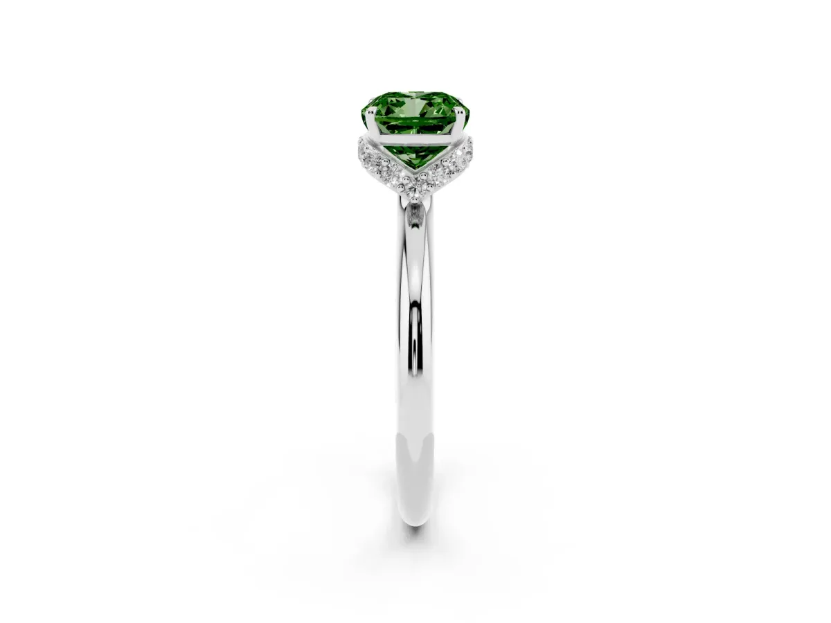 Fancy Green Cushion Cut Brilliant Solitaire Engagement Ring with Six-Prong Setting and Classic Band Silver