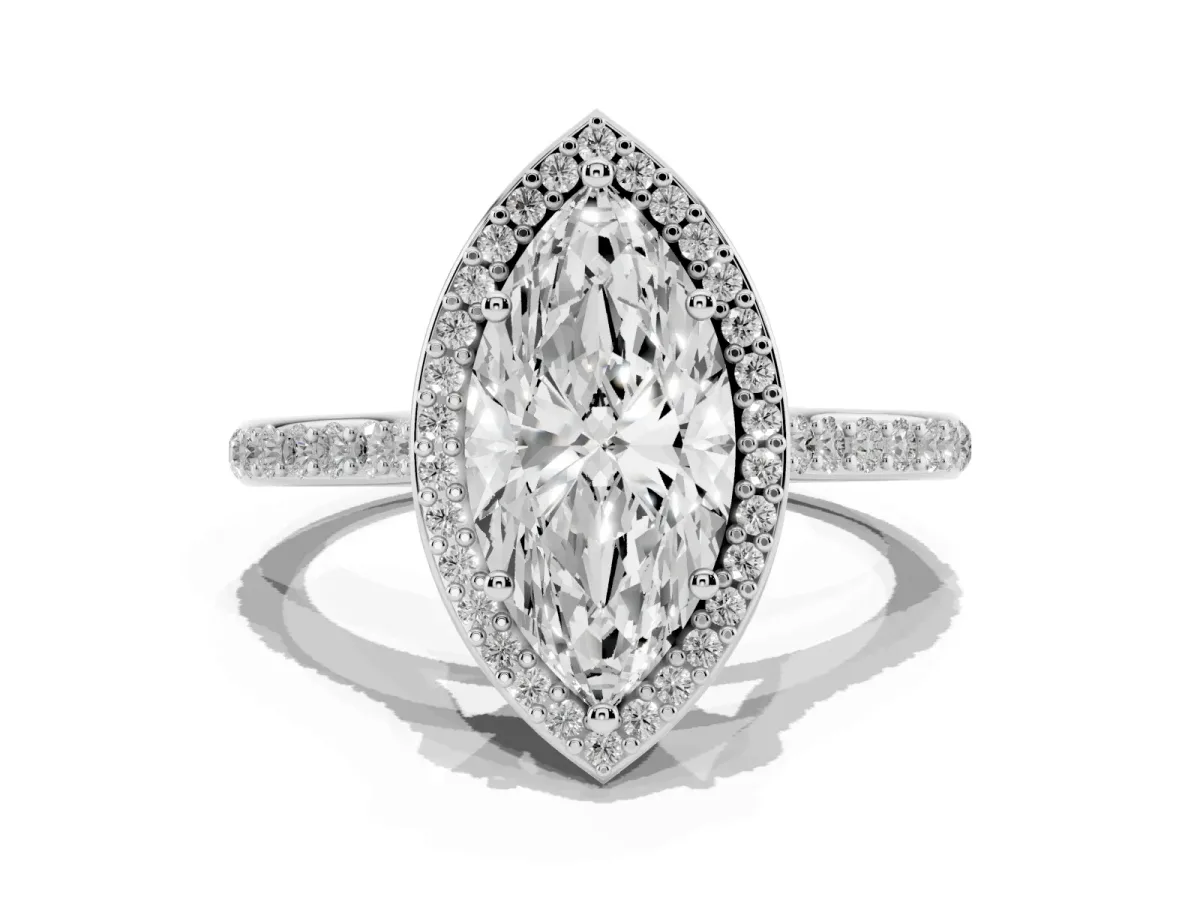 Marquise Cut Diamond Halo Engagement Ring with Round Pavé Shoulders and Prong Setting Platinum