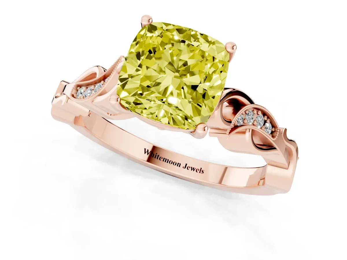 Fancy Yellow Cushion Cut Solitaire Vine Band with Milgrain Prong Setting Rose gold