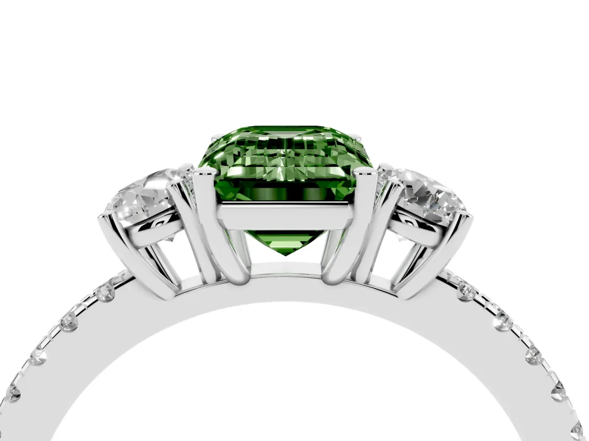 Fancy Green Three-Stone Emerald Cut Cut Diamond Pavé Band with Prong Setting Silver