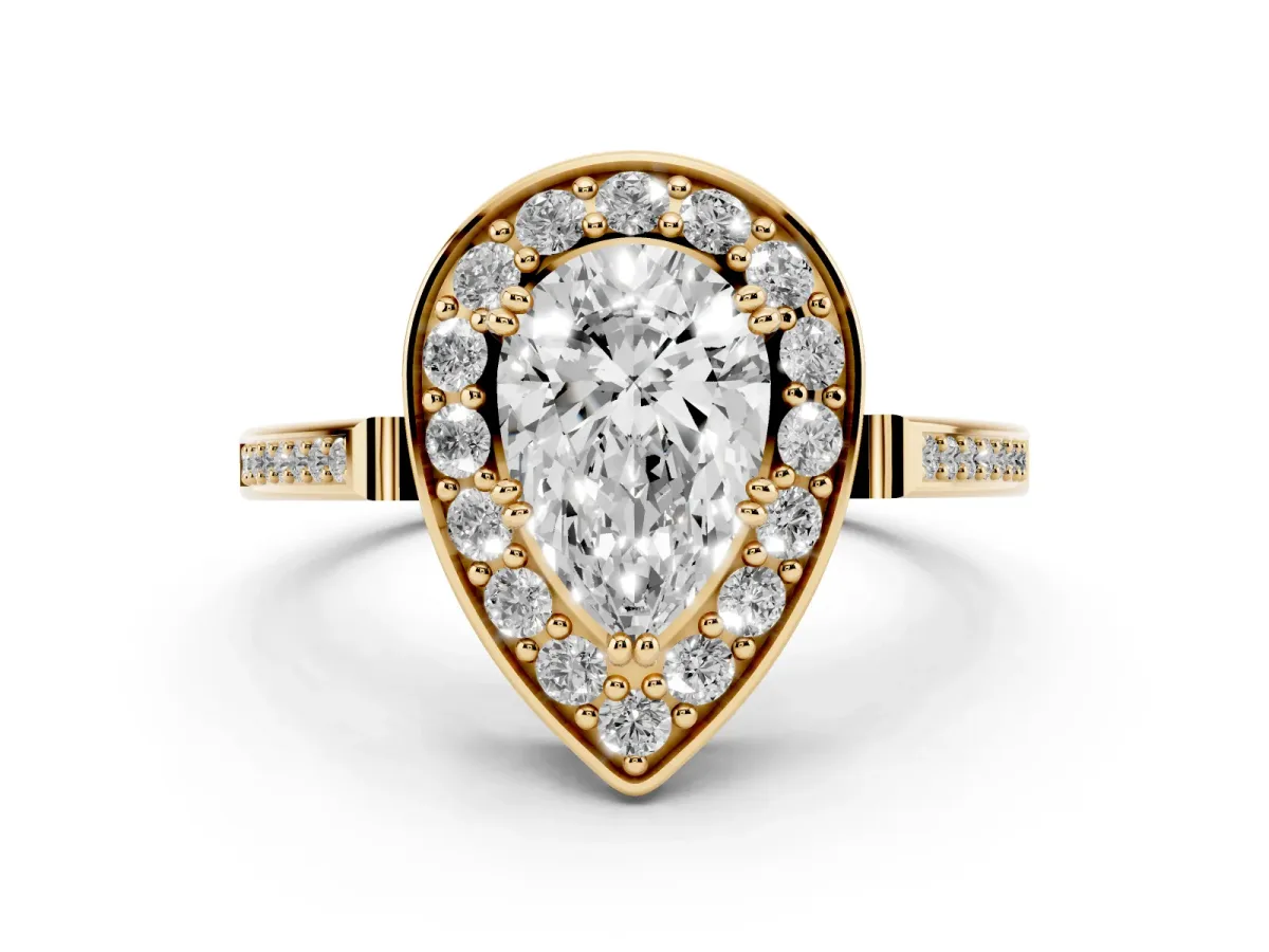 Pear Cut Diamond Halo Ring with Split Shank and Four-Prong Setting Yellow gold