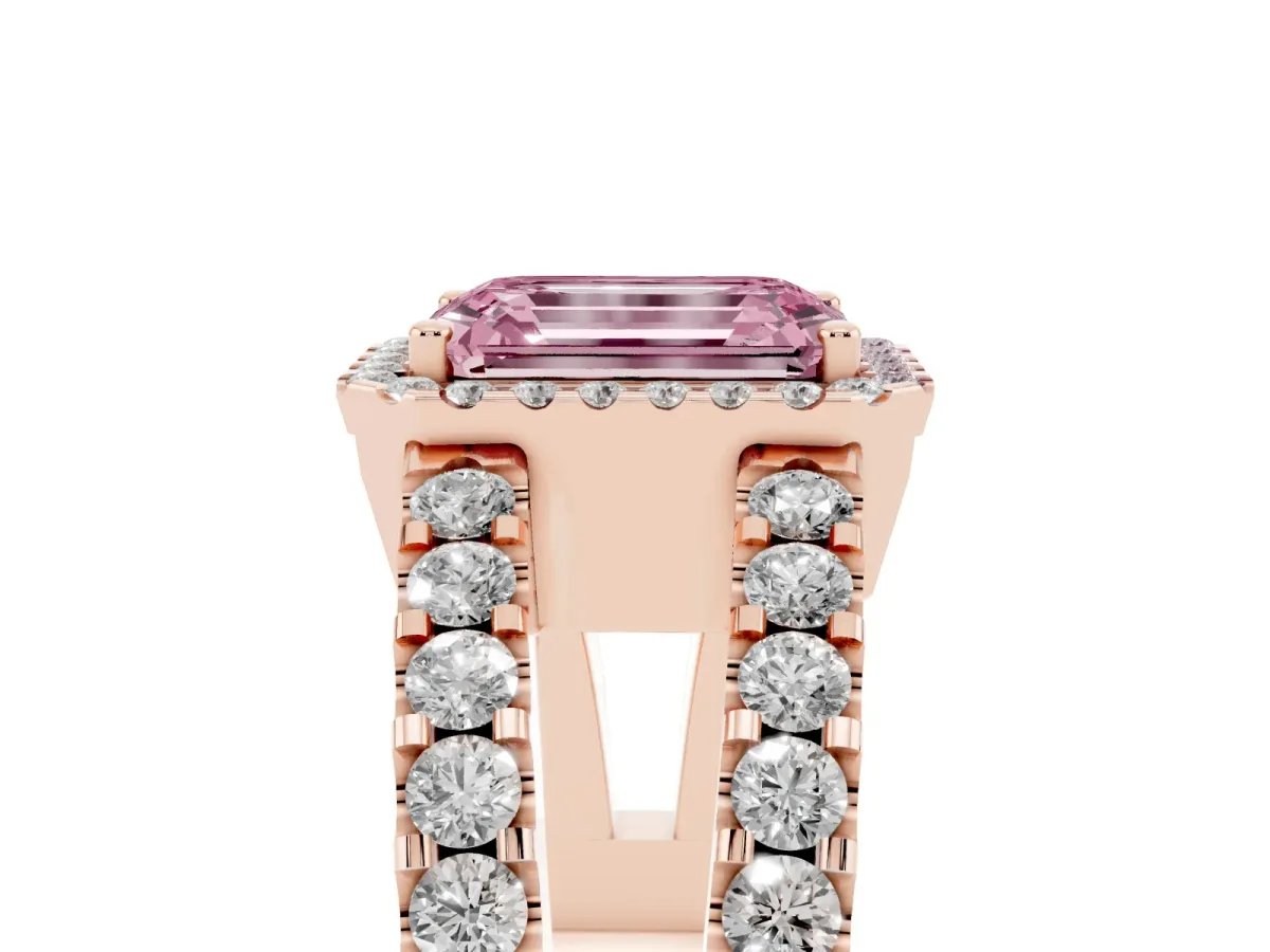 Fancy Pink Emerald Cut Cut Halo Split Shank Diamond Ring with Four-Prong Setting Rose gold