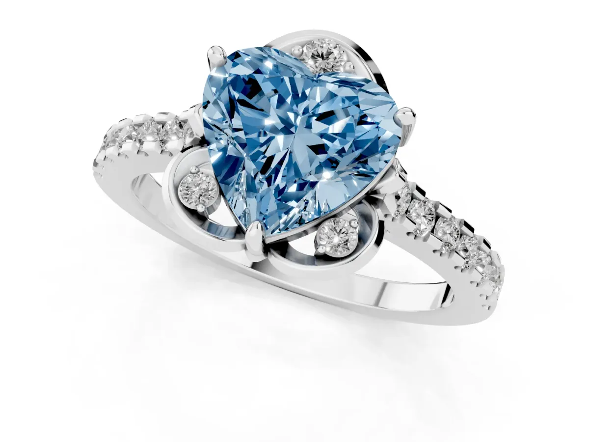 Fancy Blue Heart Cut Diamond Ring with Pavé Band and Floral Prong Setting White gold