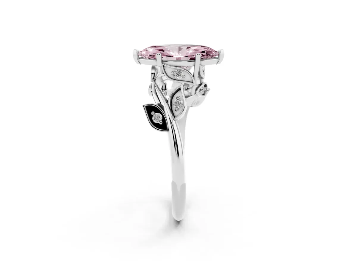 Fancy Pink Marquise Cut Solitaire Twist Engagement Ring with Leaf Accents and Prong Setting Silver
