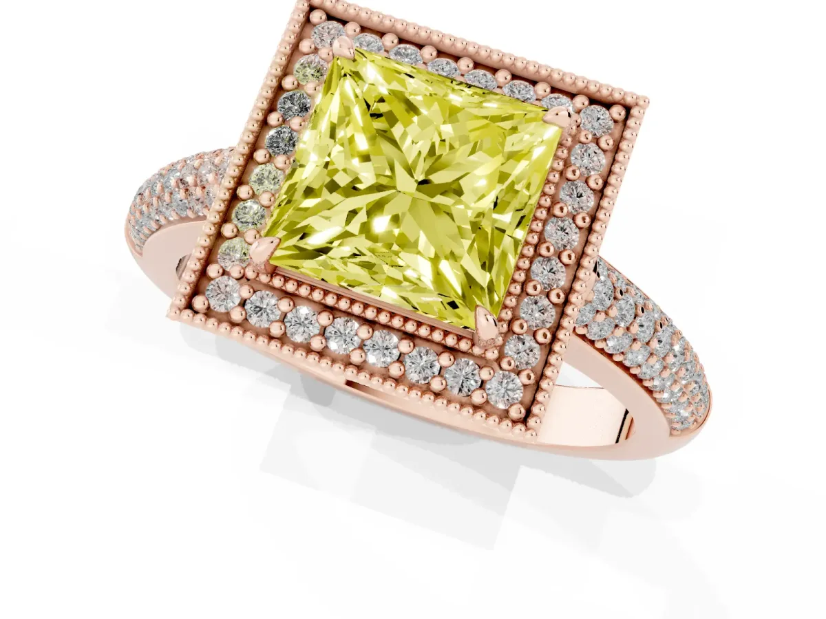 Fancy Yellow Princess Cut Cut Halo Diamond Pave Band with Four-Prong Setting Rose gold
