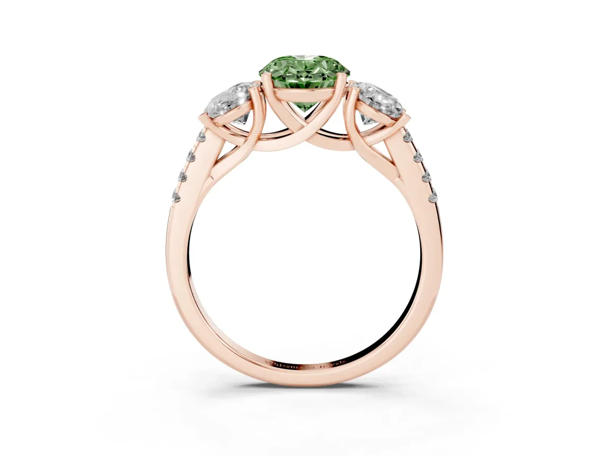 Fancy Green Three-Stone Oval Cut Diamond Ring with Round Pavé Band and Prong Setting Rose gold