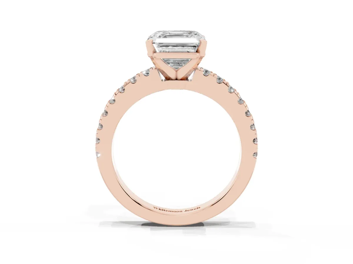 Asscher Cut Solitaire Diamond with Pavé Band and Four-Prong Setting Rose gold