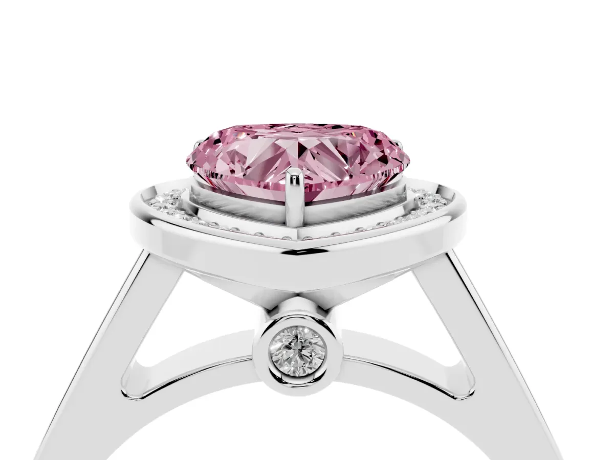 Fancy Pink Heart Cut Halo Solitaire Diamond Ring with Pave Band and Bezel Setting Silver