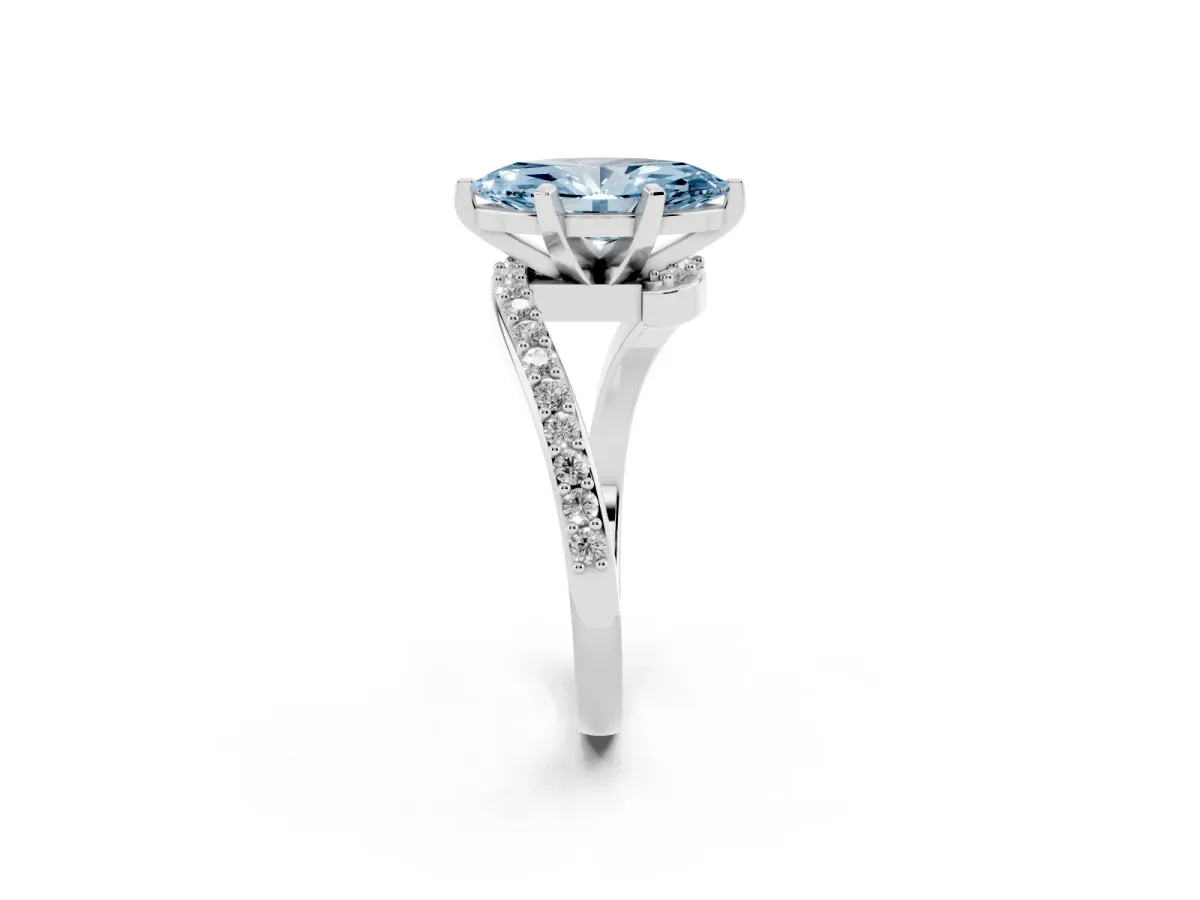 Fancy Blue Marquise Cut Solitaire Twist Band with Pave Set Diamonds and Four-Prong Setting Platinum