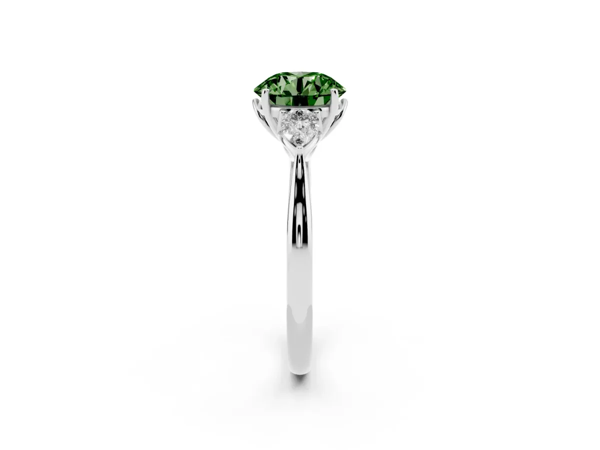 Fancy Green Three-Stone Round Cut Brilliant Diamond Solitaire Ring with Tapered Band and Four-Prong Setting White gold