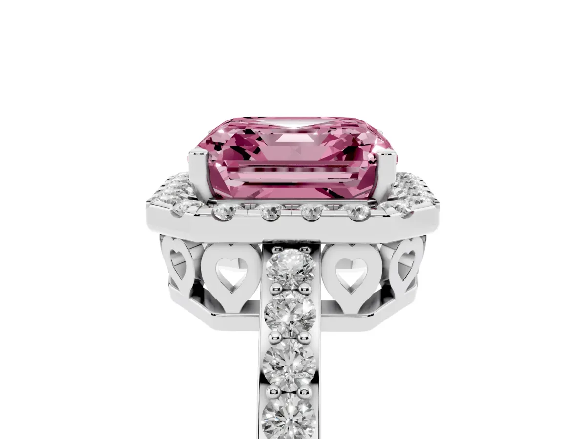 Fancy Pink Asscher Cut Halo Diamond Pavé Band Ring with Prong Setting Silver