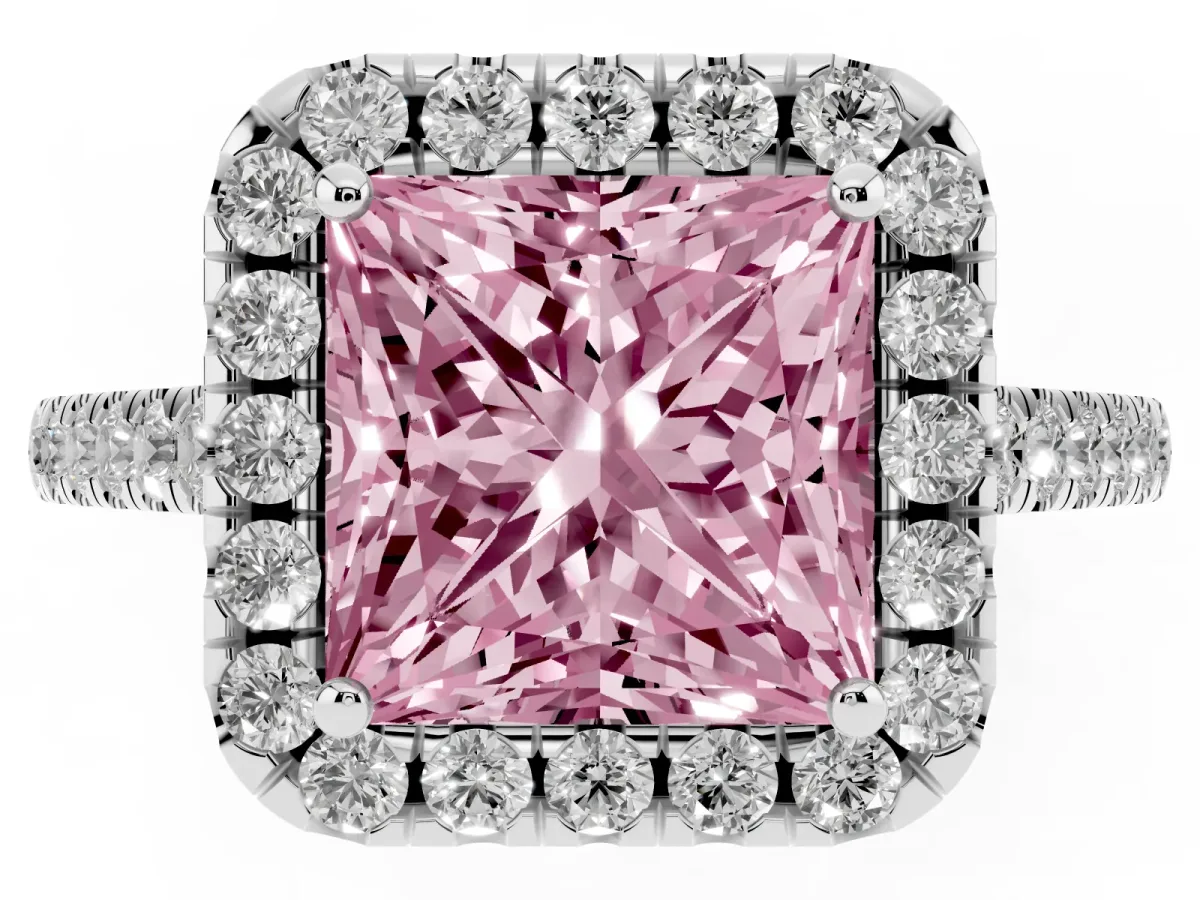 Fancy Pink Princess Cut Halo Pavé Diamond Engagement Ring with Four-Prong Setting Silver