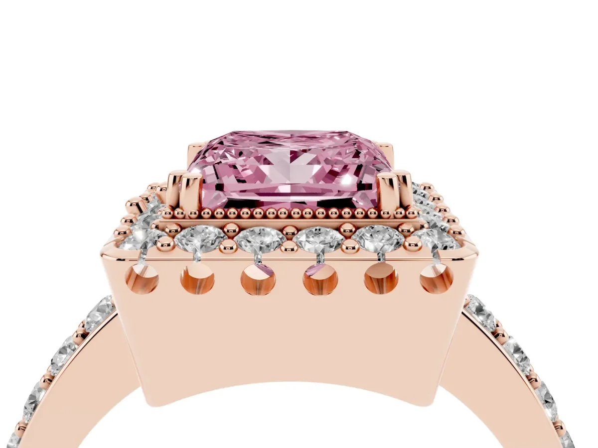 Fancy Pink Princess Cut Diamond Halo Ring with Pavé Band and Prong Setting Rose gold