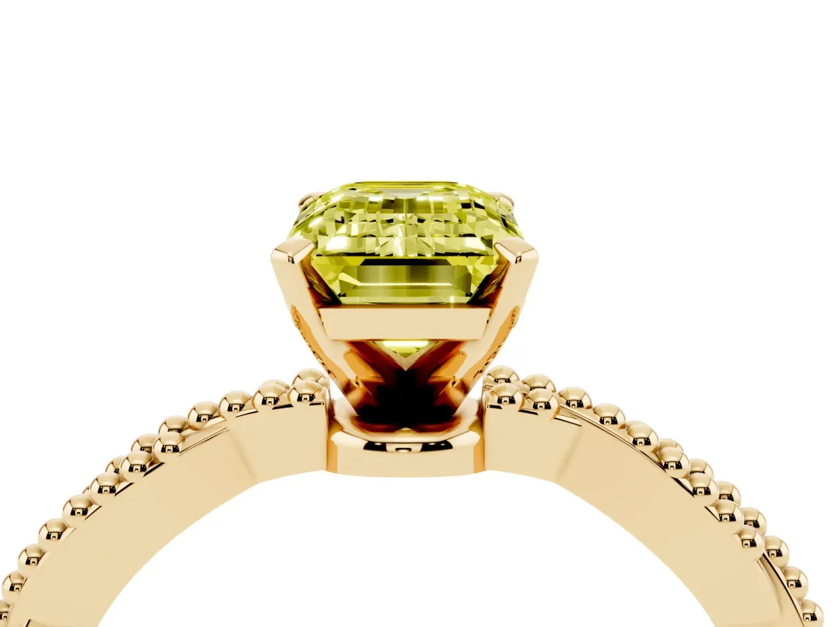 Fancy Yellow Emerald Cut Solitaire Twisted Band with Bead Prong Setting Yellow gold