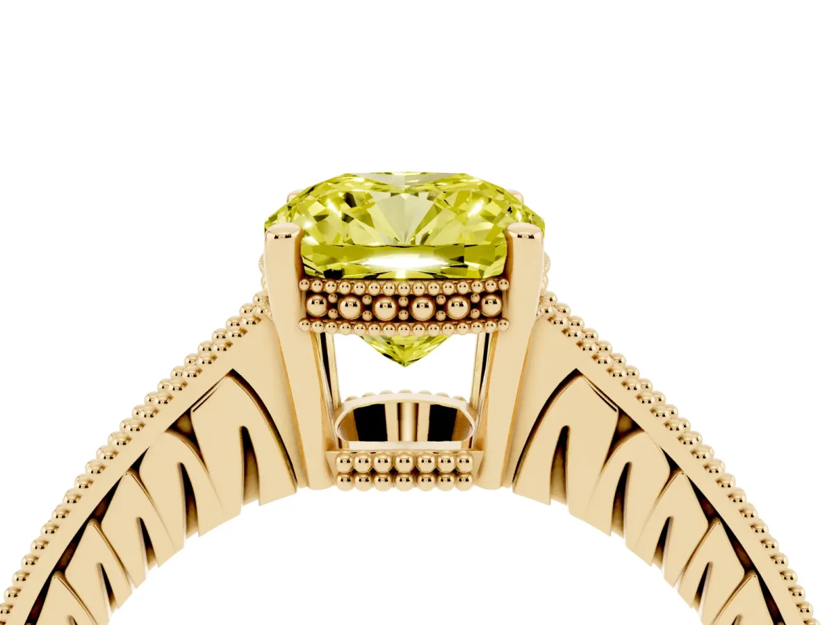 Fancy Yellow Cushion Cut Solitaire Pavé Diamond Milgrain Engagement Ring with Four-Prong Setting Yellow gold