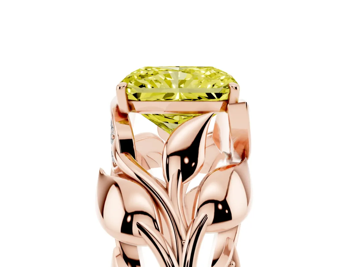 Fancy Yellow Radiant Cut Diamond Leaf-Inspired Engagement Ring with Round Accents and Prong Setting Rose gold