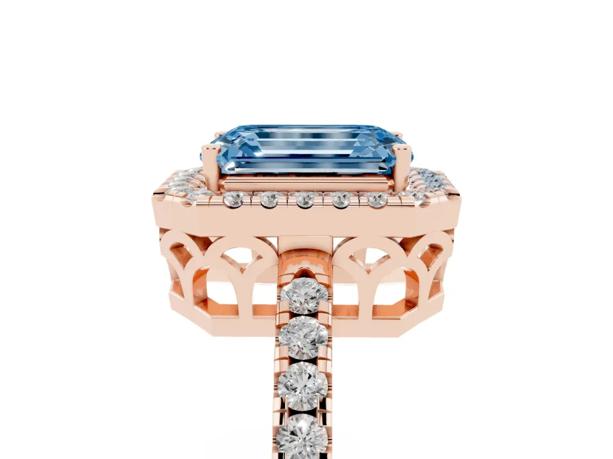 Fancy Blue Emerald Cut Halo Diamond Engagement Ring with Pavé Band and Four-Prong Setting Rose gold