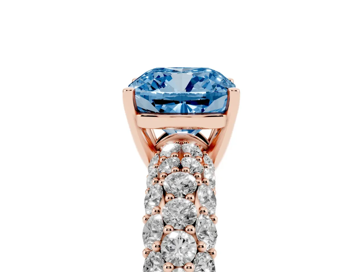 Fancy Blue Cushion Cut Diamond Pavé Band Solitaire Ring with Four-Prong Setting Rose gold