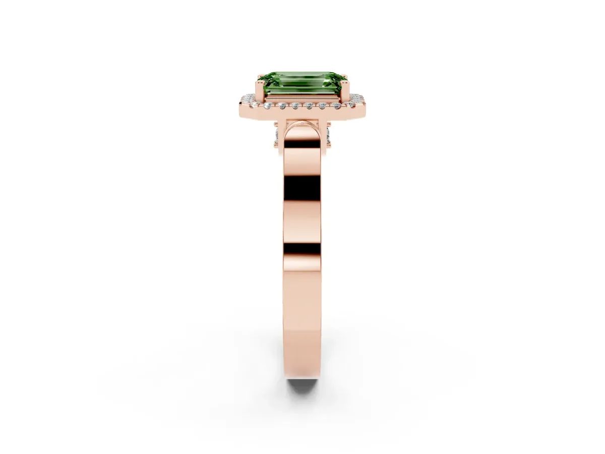 Fancy Green Emerald Cut Halo Round Diamond Twist Band with Four-Prong Setting Rose gold