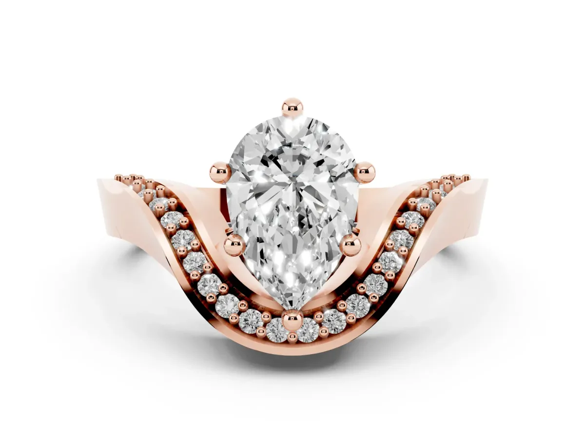 Pear Cut Solitaire Diamond Engagement Ring with Pave Band and Four-Prong Setting Rose gold
