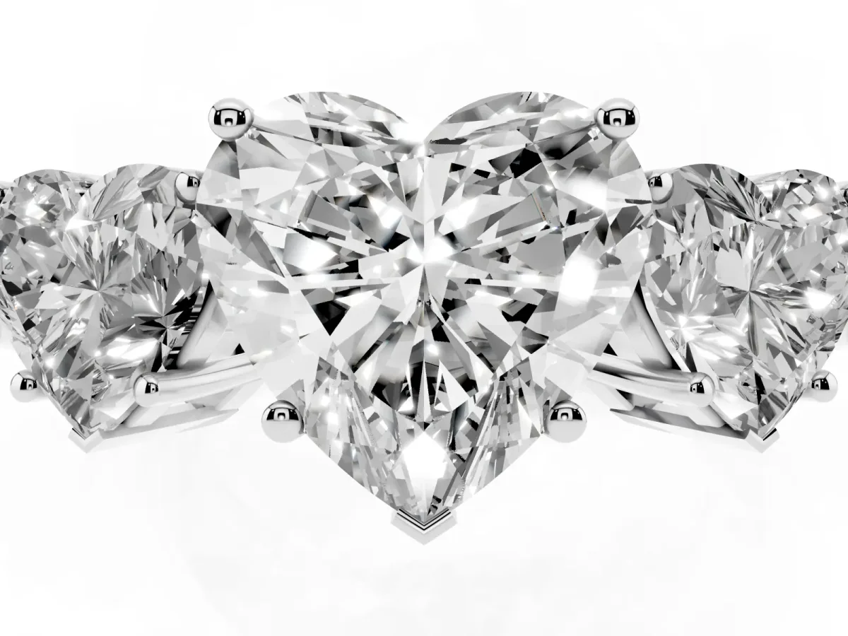 Three-Stone Heart Cut Cut Diamond Engagement Ring with Flat Band and Four-Prong Setting Silver