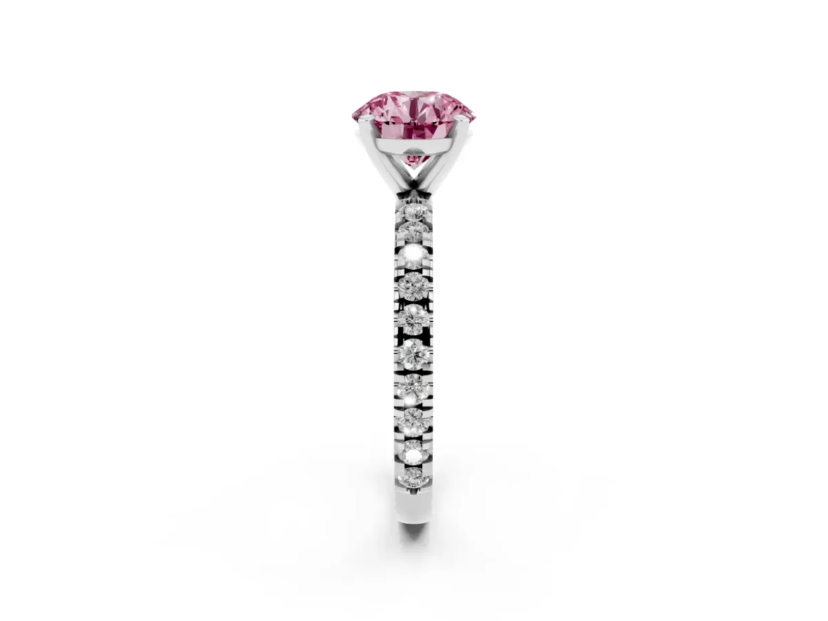 Fancy Pink Round Cut Diamond Pavé Band Solitaire with Four-Prong Setting Silver