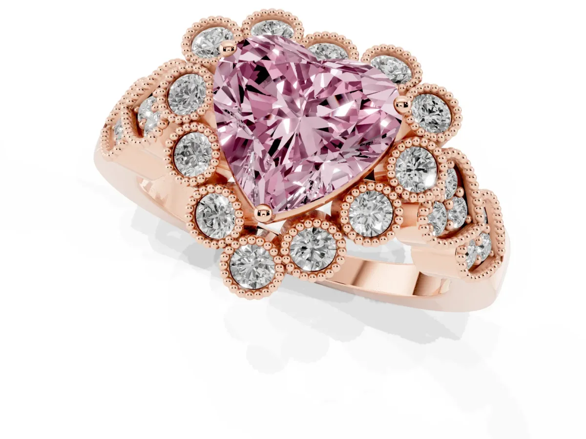 Fancy Pink Heart Cut Brilliant Milgrain Pave Heart Band Solitaire Ring Rose gold