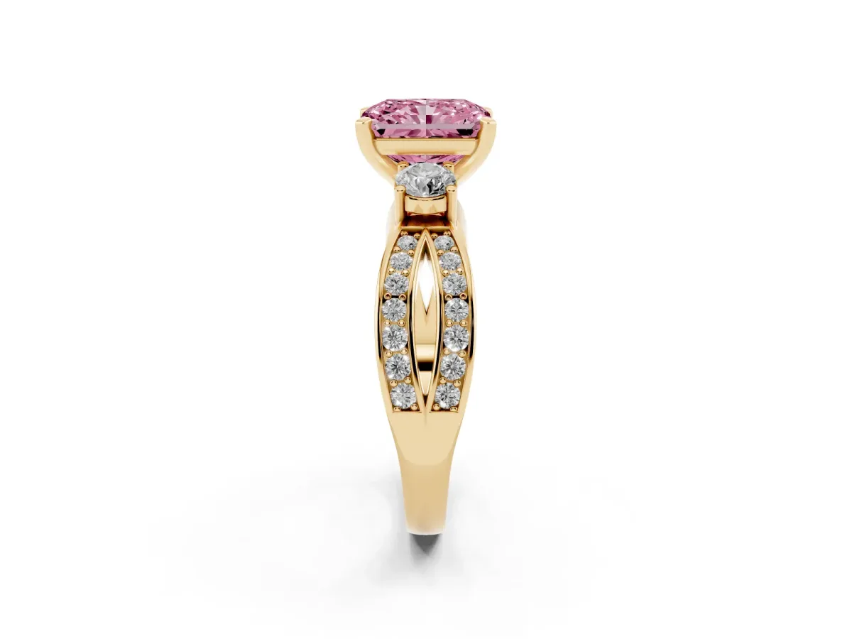 Fancy Pink Three-Stone Radiant Cut Cut Diamond Twist Band with Prong Setting Yellow gold