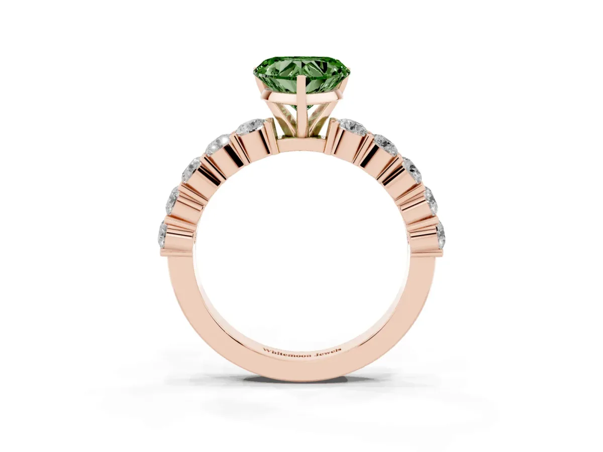 Fancy Green Heart Cut Diamond Solitaire Ring with Shared Prong Round Side Stones Rose gold