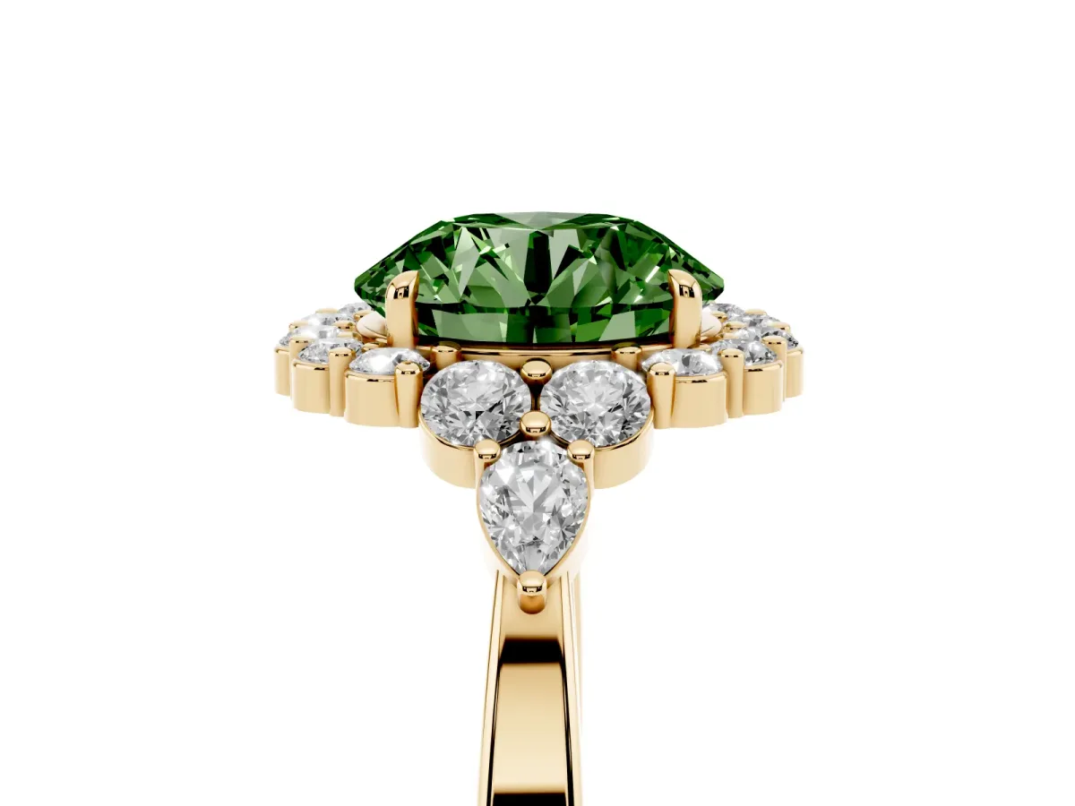 Fancy Green Round Cut Diamond Halo Ring with Pear Side Stones and Prong Setting Yellow gold