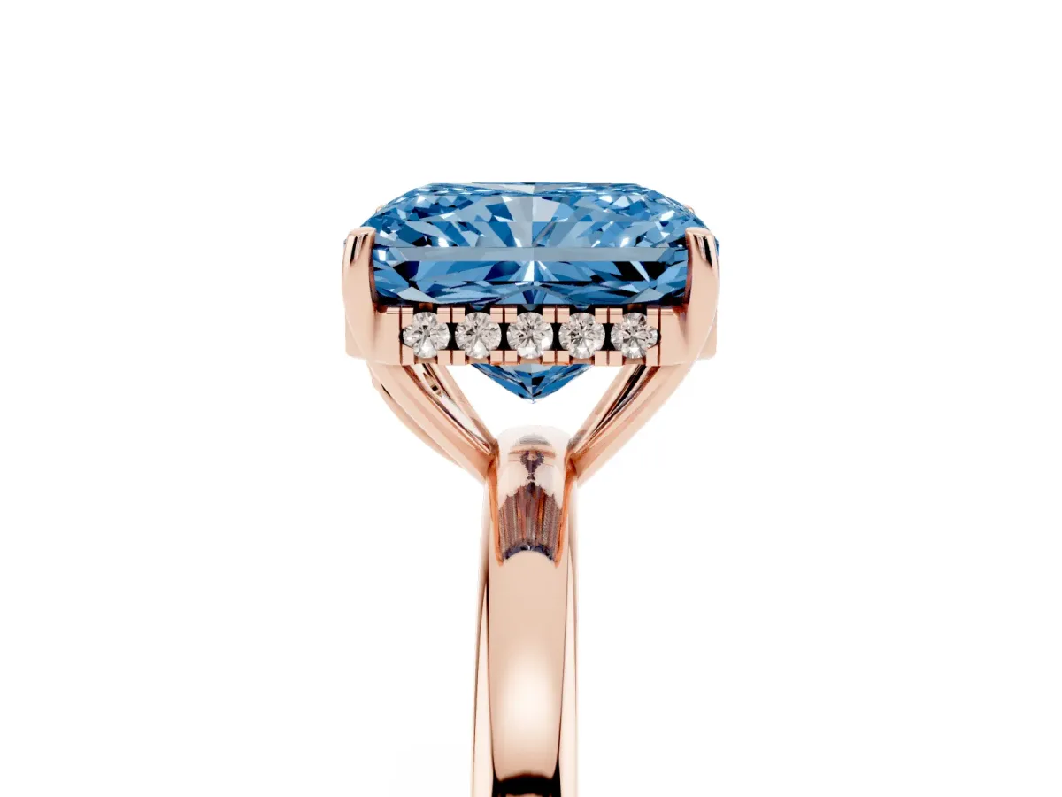 Fancy Blue Radiant Cut Solitaire Diamond Ring with Prong Setting and Plain Band Rose gold