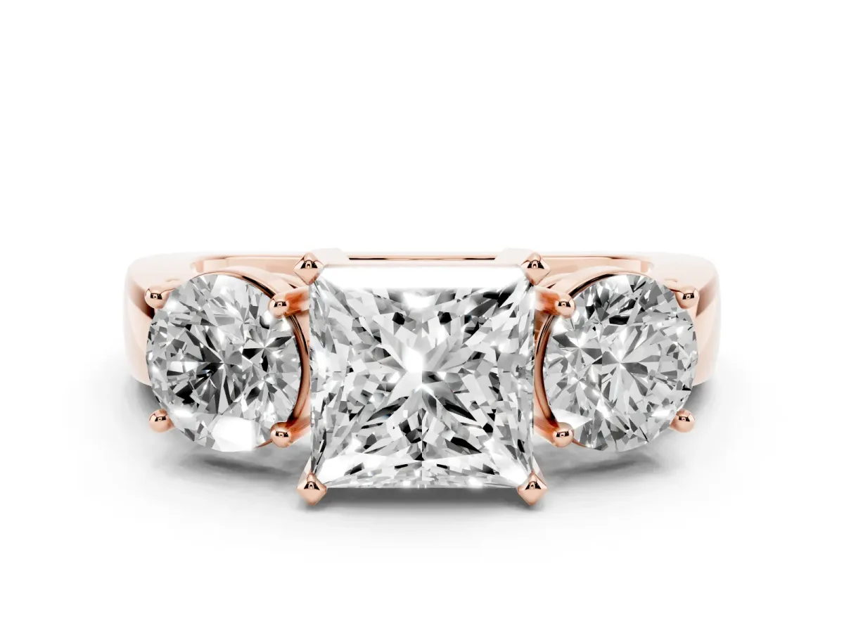 Three-Stone Princess Cut Diamond Ring with Round Side Stones, Classic Band, and Four-Prong Setting Rose gold