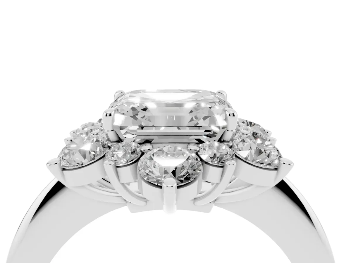 Asscher Cut Diamond Cluster Halo Ring with Solitaire Band and Four-Prong Setting Platinum