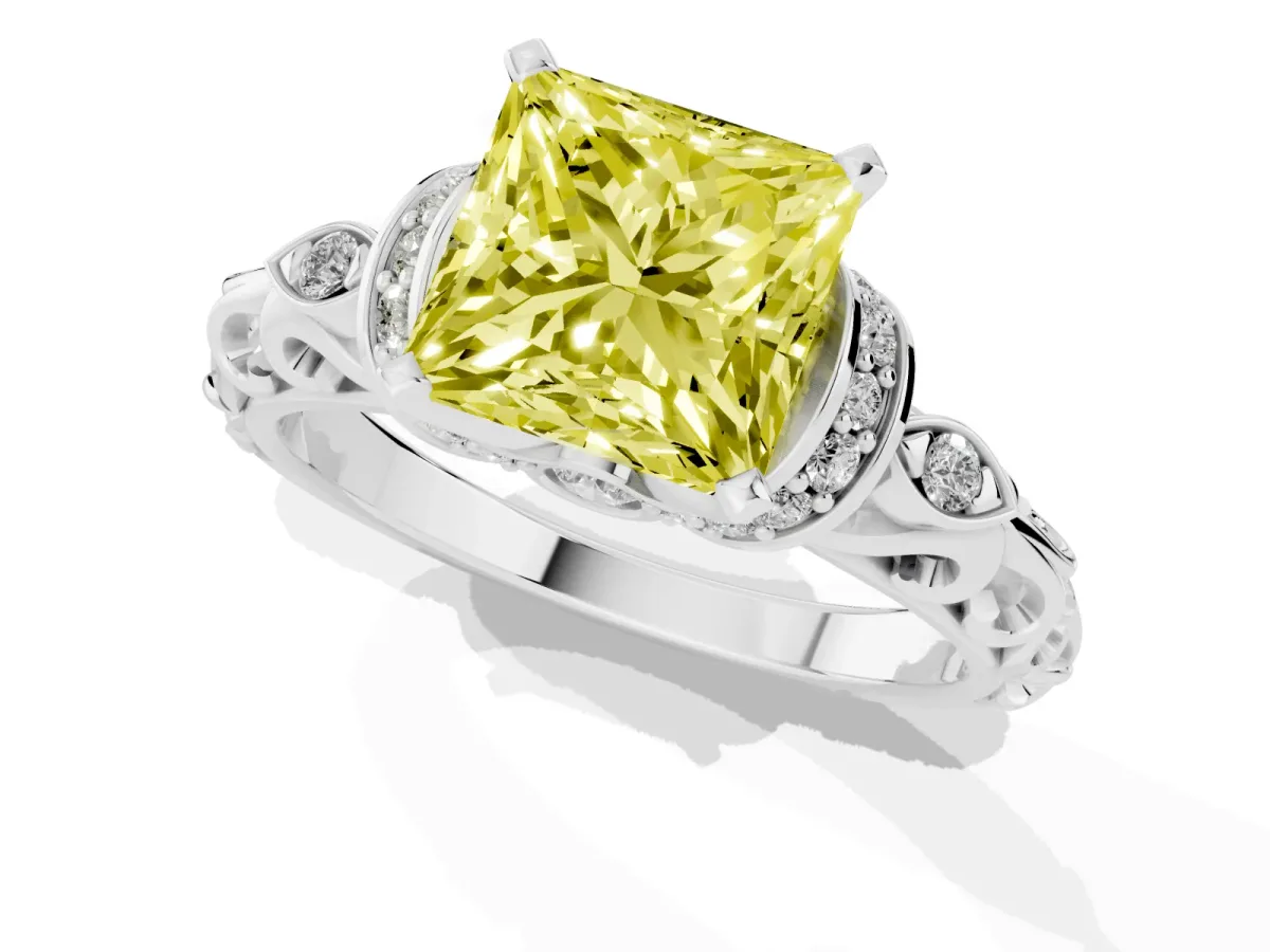 Fancy Yellow Princess Cut Diamond Solitaire Ring with Filigree Band and Four-Prong Setting Silver