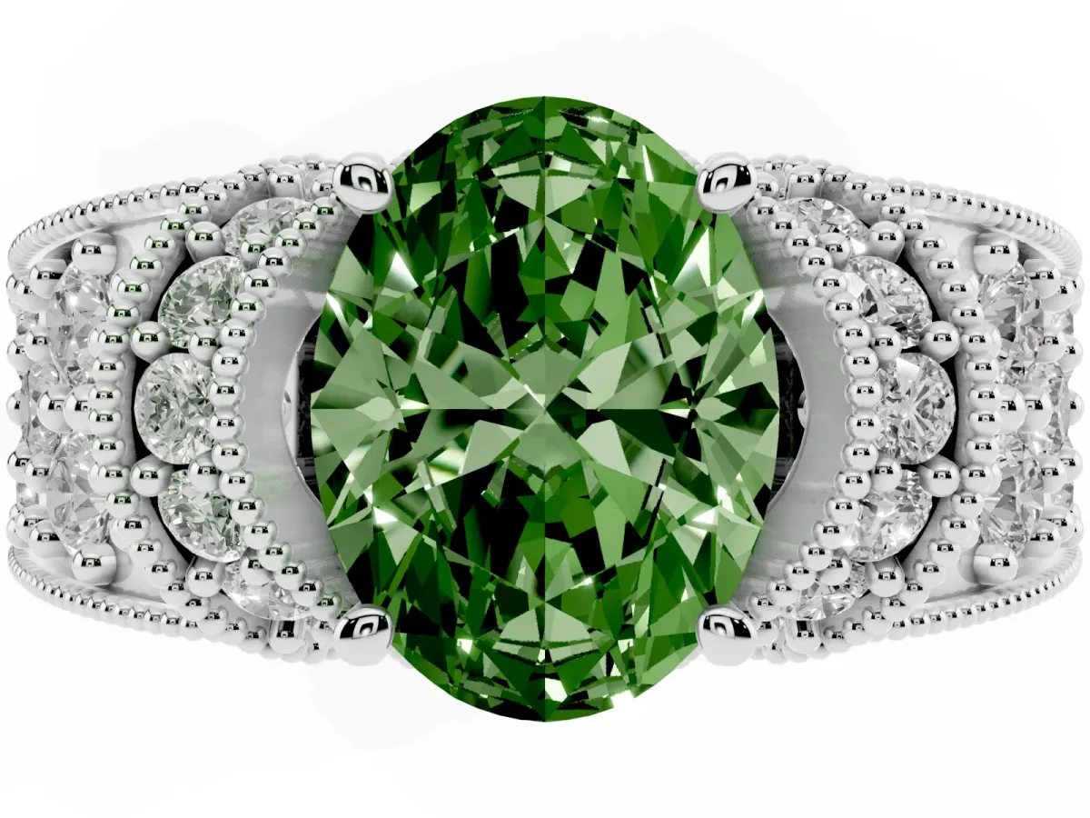Fancy Green Oval Cut Halo Pave Diamond Engagement Ring with Milgrain Detailing Platinum
