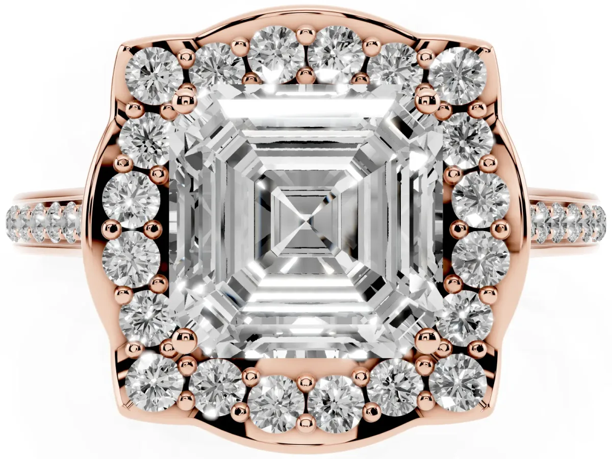 Asscher Cut Halo Round Diamond Pave Band with Four-Prong Setting Rose gold