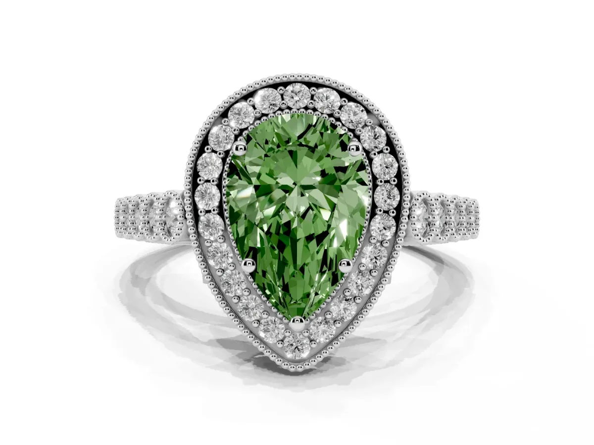 Fancy Green Pear Cut Halo Milgrain Solitaire with Bezel Set Side Stones and Pave Band Silver