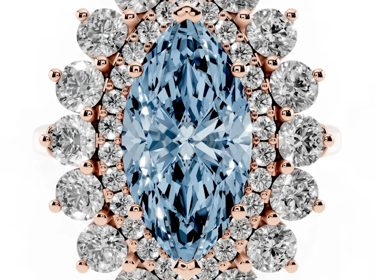 Fancy Blue Marquise Cut Diamond Floral Double Halo Engagement Ring with Prong Setting Rose gold