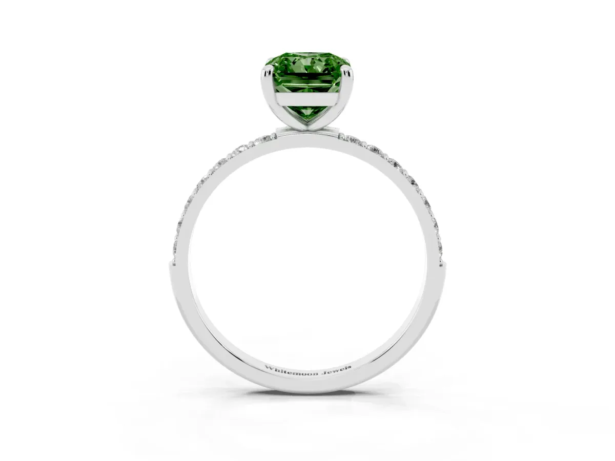 Fancy Green Radiant Cut Diamond Solitaire Ring with Round Pavé Band and Prong Setting Silver