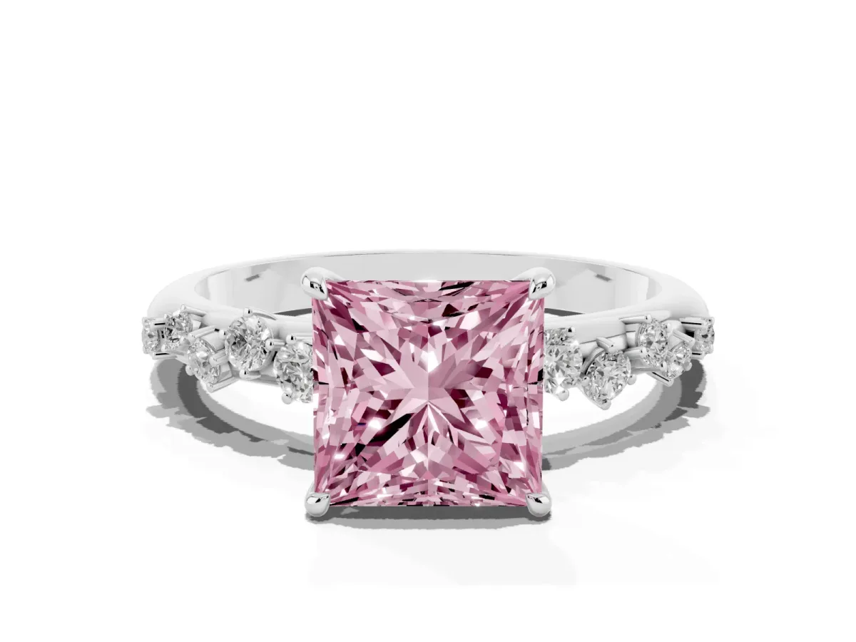 Fancy Pink Princess Cut Diamond Cluster Prong-Set Solitaire Ring White gold