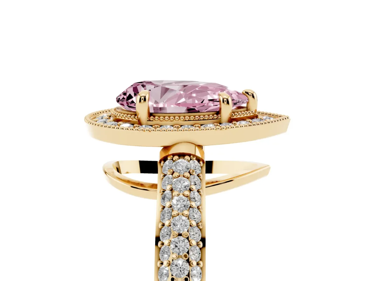 Fancy Pink Pear Cut Cut Halo Diamond Pave Band with Four-Prong Setting Yellow gold