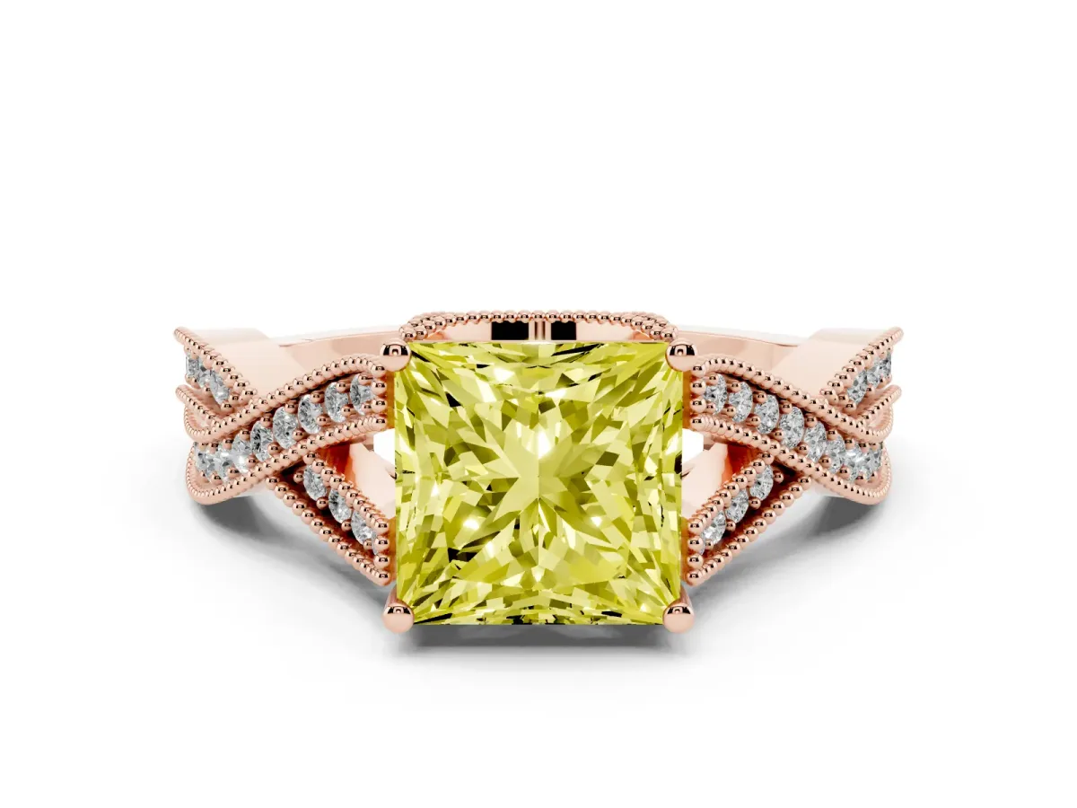 Fancy Yellow Princess Cut Cut Diamond Twisted Band with Milgrain Pave Setting and Four-Prong Setting Rose gold